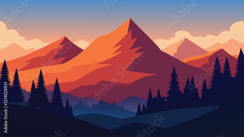 Picturesque view of a mountain range, featuring vibrant trees in the foreground and towering mountains behind flat vector illustration.