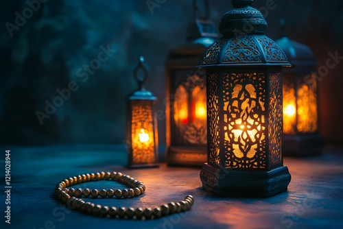 A Close-Up of Traditional Muslim Lamps with a Tajweed Quran photo