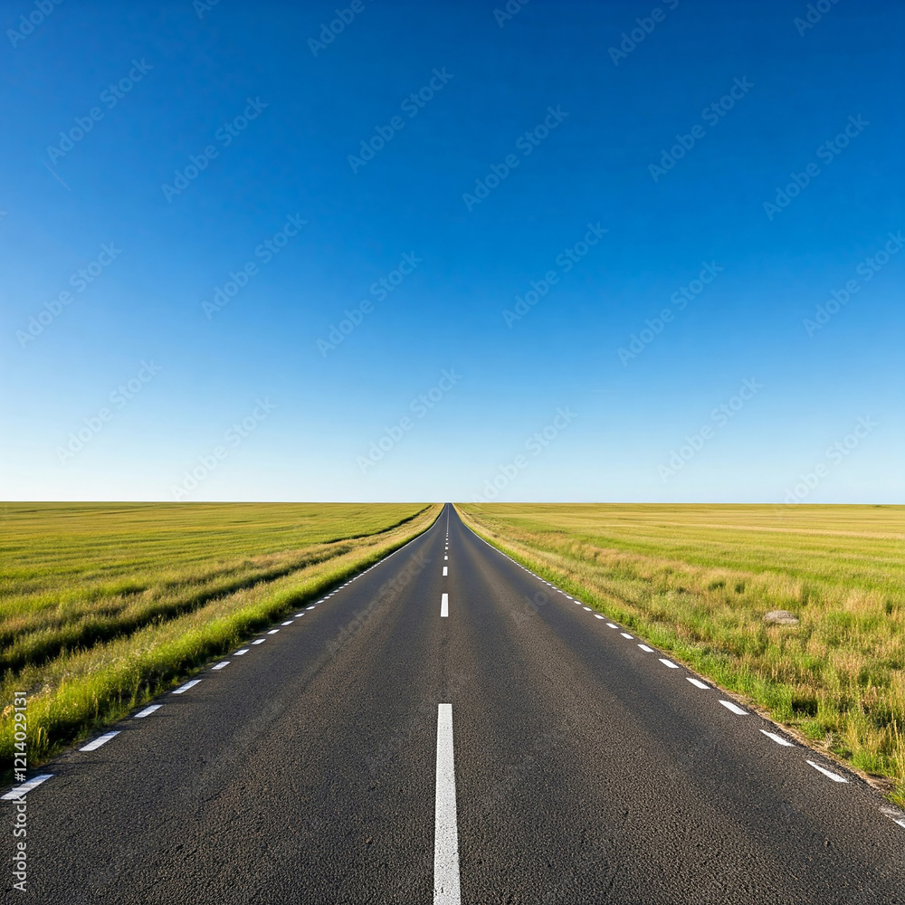 road in the countryside field. Empty road passing through grassy landscape under blue sky. road in the countryside field. Empty road passing through grassy landscape under blue sky.