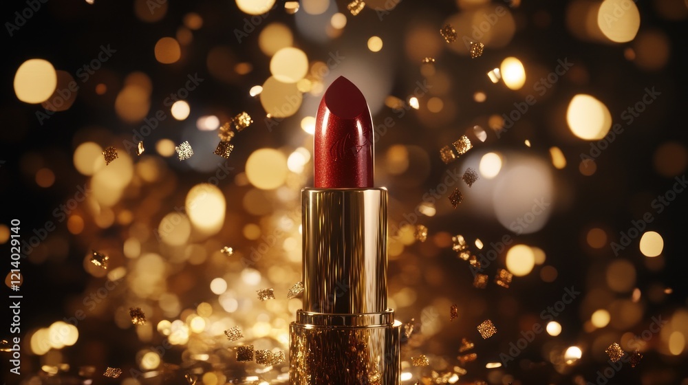 Red lipstick, gold confetti, bokeh, celebration, glamour Red lipstick, gold confetti, bokeh, celebration, glamour
