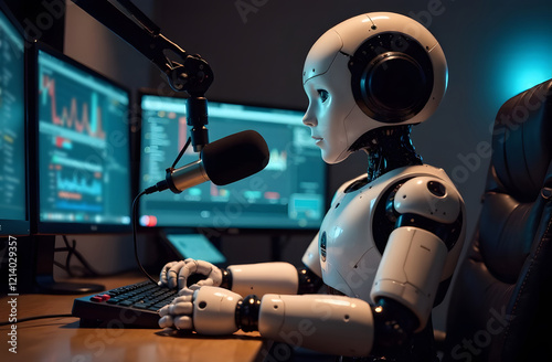 Humanoid AI robot working at the radio station studio, artificial intelligence and entertainment concept