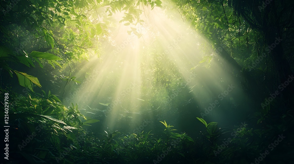Mesmerizing sunbeams shimmering through the verdant foliage of a dense vibrant forest creating a serene and ethereal atmosphere The natural light filters and dances through the dense vegetation Mesmerizing sunbeams shimmering through the verdant foliage of a dense vibrant forest creating a serene and ethereal atmosphere The natural light filters and dances through the dense vegetation