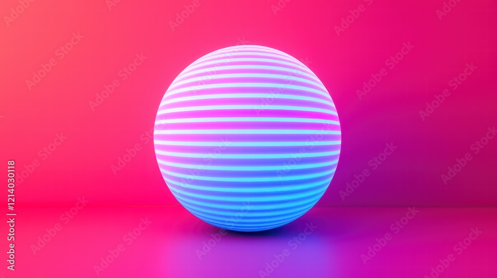 A glowing sphere with blue and pink stripes against a vibrant gradient background. A glowing sphere with blue and pink stripes against a vibrant gradient background.