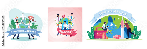 Celebrating World Health Day. A medical staff group of doctors and nurses standing. Doctor bring health medicine and pills.Set flat vector modern illustration