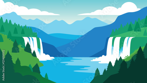  Plitvice Lakes National Park, Croatia, featuring cascading waterfalls and crystal-clear lakes surrounded by forests flat vector illustration.