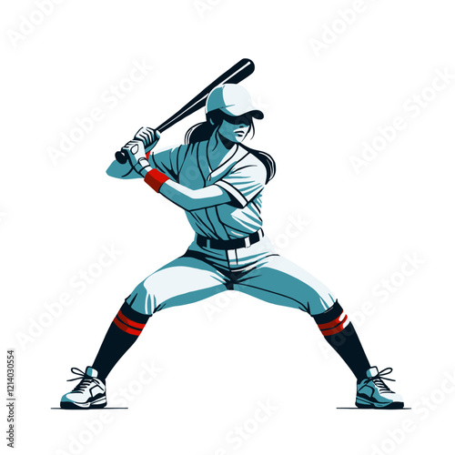 Female baseball player in action, preparing to hit the ball. Modern sportswear and dynamic pose. Isolated vector illustration.