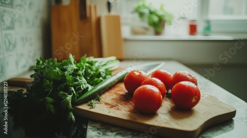 Fresh vegetables and herbs on a kitchen countertop, preparing for a healthy meal with natural light photo