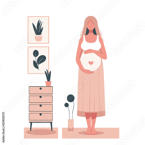 Pregnant woman standing in a cozy home interior with modern decor, holding her belly with love and anticipation. Isolated vector illustration.
