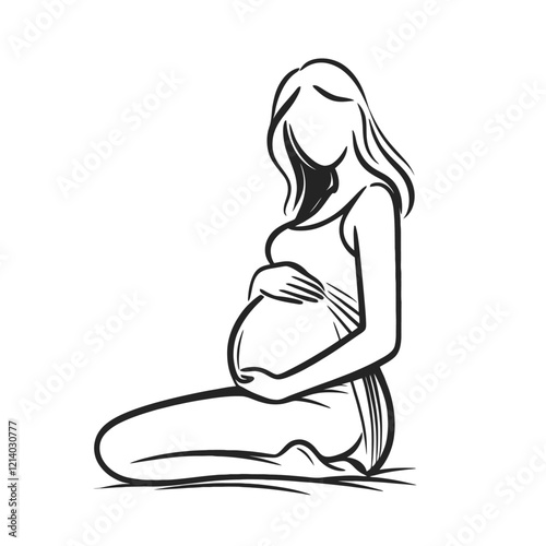 Minimalistic line art of a pregnant woman sitting in a peaceful pose, symbolizing beauty, motherhood, and anticipation. Perfect for maternity themes. Isolated vector illustration.