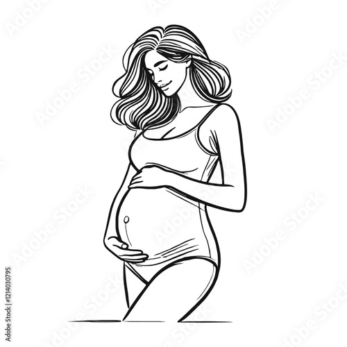 A minimalist line art illustration of a pregnant woman in a calm pose, embracing motherhood with a serene expression. Perfect for maternity themes, healthcare, and family concepts. Isolated vector ill