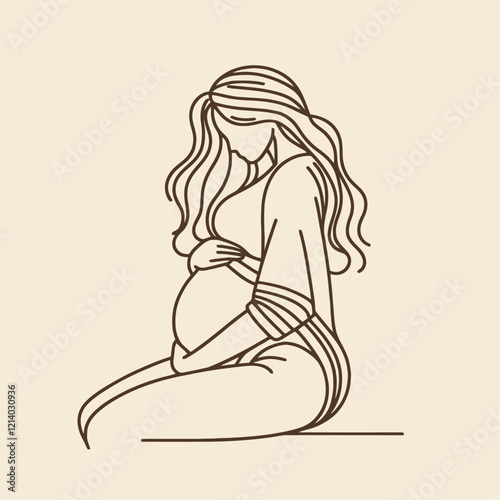 Pregnant woman sitting in profile with long flowing hair and gentle pose, embracing her belly. Elegant line art, perfect for maternity concepts. Isolated vector illustration.