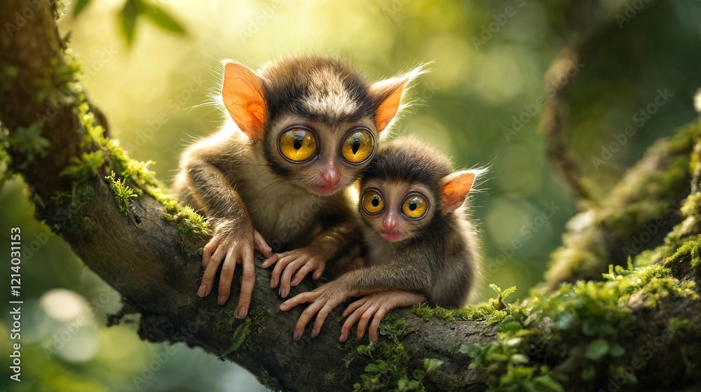 Cute Philippine Tarsier and Baby Tarsier with Big Eyes and Ears Sitting on a Branch Cute Philippine Tarsier and Baby Tarsier with Big Eyes and Ears Sitting on a Branch