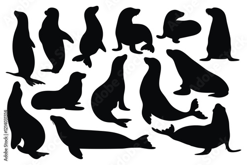 Sealion silhouettes set isolated flat vector illustration on white background.