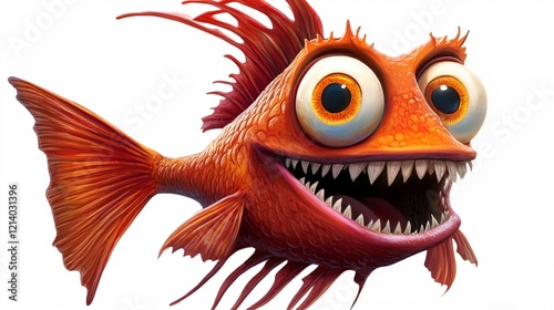 A vibrant animated fish character with large expressive eyes, bright orange scales, and an exaggerated toothy grin. photo