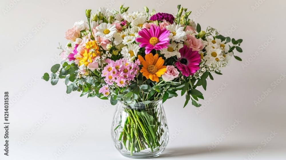 A vibrant bouquet of mixed flowers in a glass vase, featuring colorful blooms and lush greenery against a neutral background. A vibrant bouquet of mixed flowers in a glass vase, featuring colorful blooms and lush greenery against a neutral background.