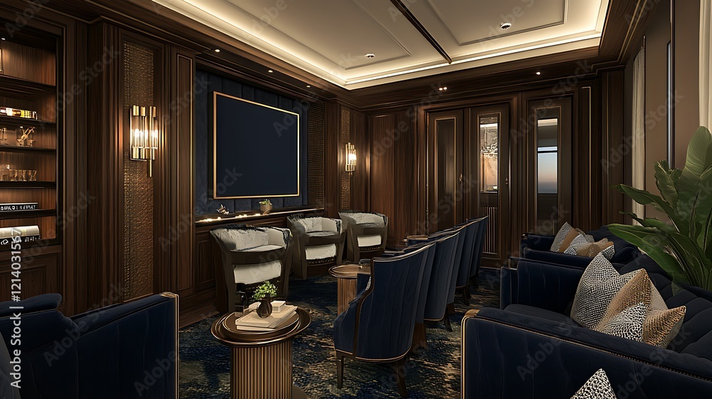 Fototapeta premium Luxurious Home Theater Room Design With Dark Wood Accents