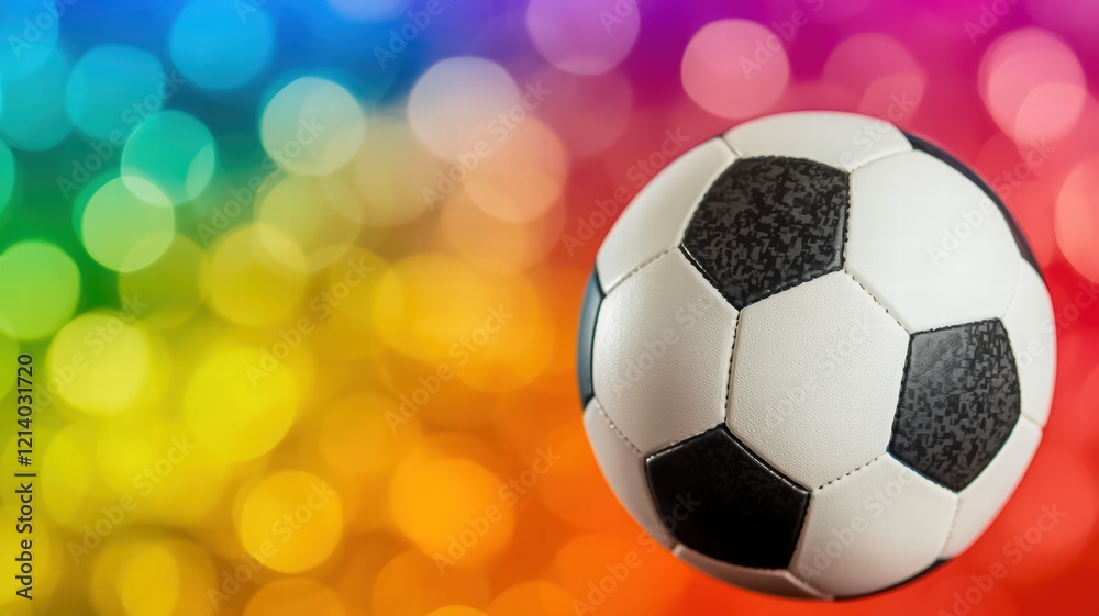 Naklejka premium A classic black and white soccer ball floats against a vibrant, colorful bokeh background, symbolizing fun and excitement in sports.