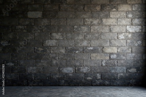 Massive, soot-stained cinderblock wall, uneven surface , weathered, design