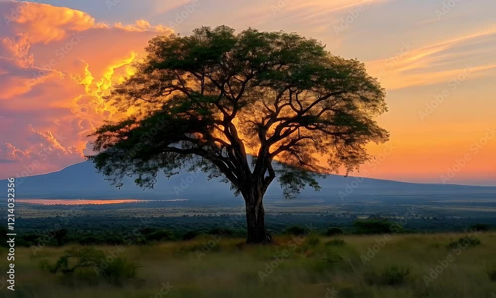 A serene landscape featuring a silhouette of a tree against a vibrant sunset and a distant mountain. A serene landscape featuring a silhouette of a tree against a vibrant sunset and a distant mountain.