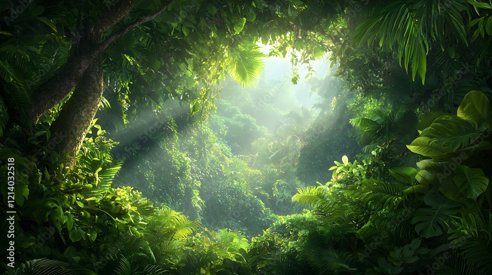 Breathtaking view of a lush dense tropical forest canopy with sunlight rays filtering through the vibrant green foliage and leaves Breathtaking view of a lush dense tropical forest canopy with sunlight rays filtering through the vibrant green foliage and leaves