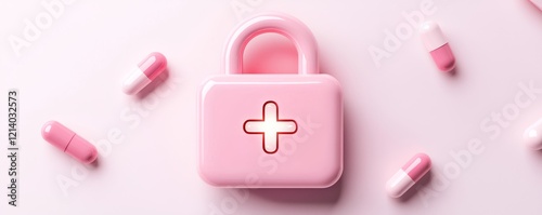 A minimalist design of a pink padlock with a glowing cross symbol in the center, set against a white background with healthcare-themed elements. photo