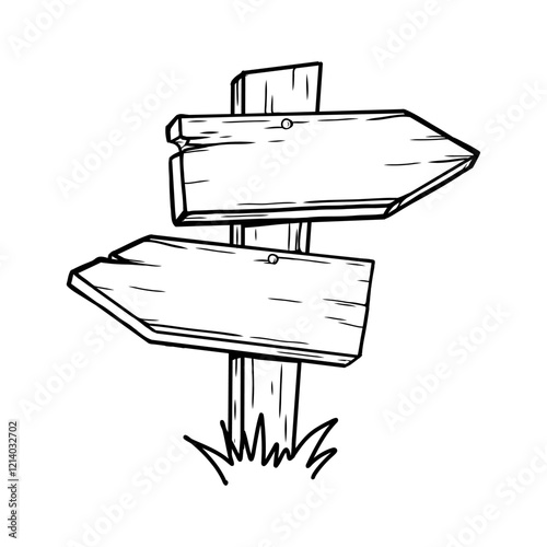 Wooden road signboards with grass in doodle style isolated on transparent background. Hand drawn vector clip art in sketch style.