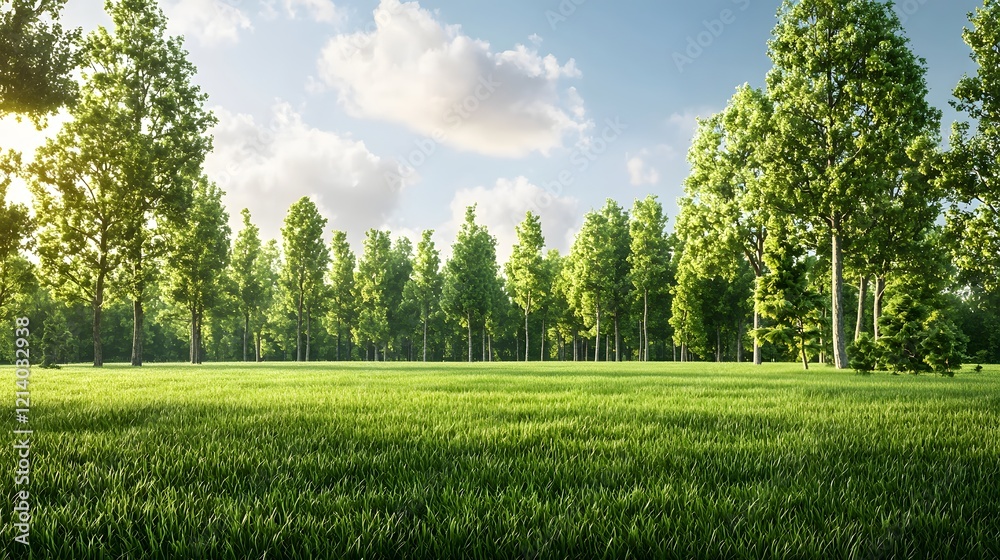 Fototapeta premium Stunning scenic view of a picturesque green field with lush vibrant trees and a sunlit serene landscape in an idyllic natural setting Peaceful tranquil and refreshing outdoor environment