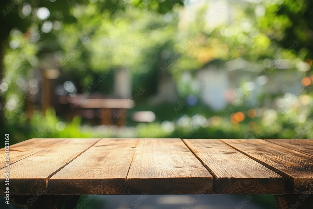Empty wooden table, garden background, sunny day, product display Empty wooden table, garden background, sunny day, product display