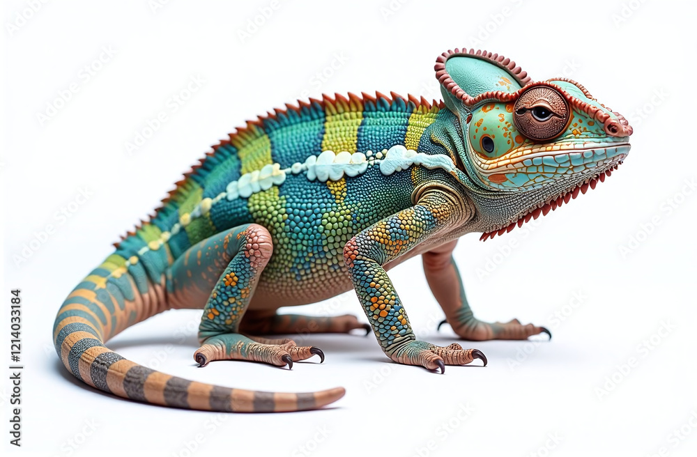 Fototapeta premium Detailed chameleon with vibrant colors on clean white background..