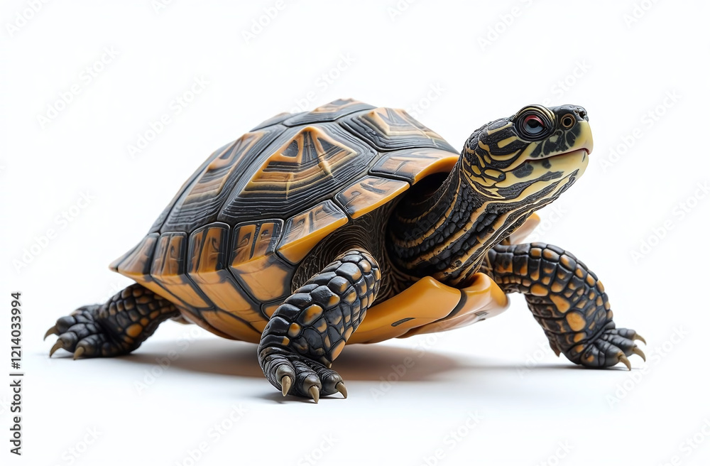 Obraz premium Turtle with detailed shell and patterned skin on white backdrop.