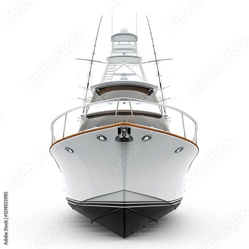 A sleek yacht viewed from the front, showcasing its elegant design and purpose for leisure. isolated on white background