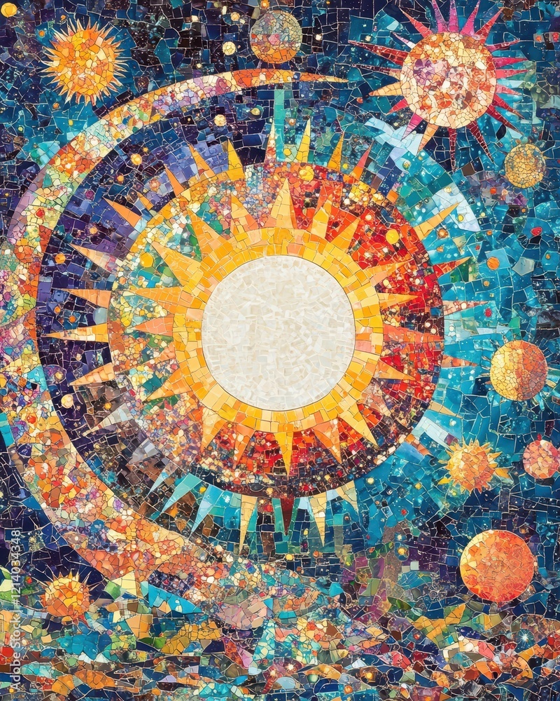 Fototapeta premium Cosmic Mosaic Stylized Sun and Planet Galaxy in Vibrant Tiles.