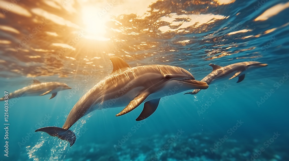 Obraz premium Dolphins swimming ocean sunset underwater marine life
