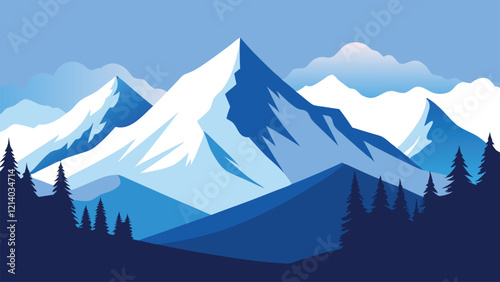  Stunning view of a snowy mountain range, featuring tall trees blanketed in snow, evoking a tranquil winter scene flat vector illustration