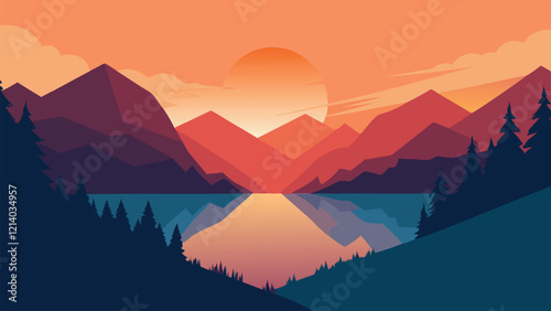 The sun casts a warm glow over a tranquil lake nestled in the mountains, enhancing the natural beauty of the landscape flat vector illustration.