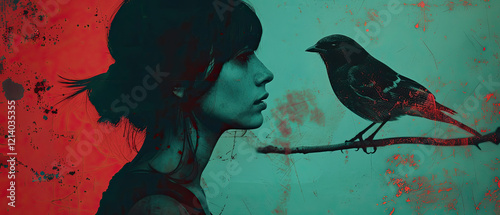 Illustration girl and bird, overprint effect, two colors red and blue overlap, breathing a grungy, retro style
