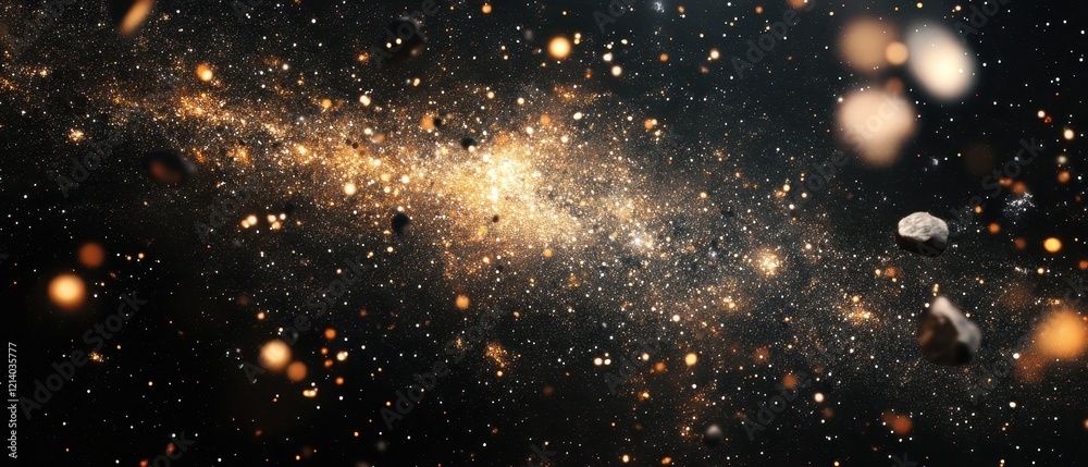 Fototapeta premium Glittering Golden Galaxy with Asteroids - Cosmic Dust and Stellar Formation Abstract, Dark Space Background.