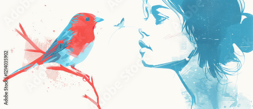 Illustration on the rheme girl and bird, overprint effect, two colors red and blue overlap, breathing a grungy, retro style