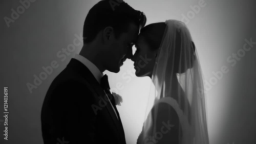 Romantic Black and White Silhouette of Bride and Groom Celebrating Love and Intimacy in Tender Moment, Showcasing Connection and Romance of Their Wedding Day.