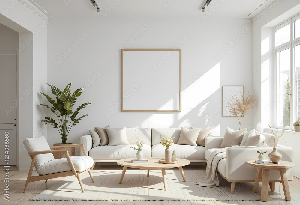 Fototapeta premium Envision a chic Scandinavian living room with light, airy decor and minimalist design. The walls are painted a soft white, and the furniture includes sleek, modern pieces in neutral tones.