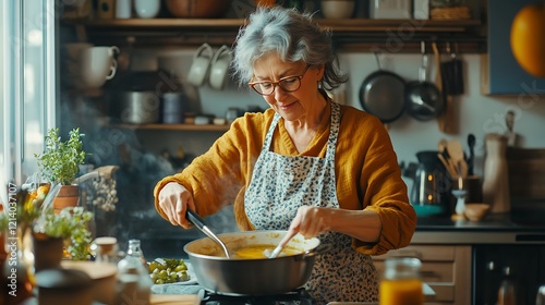 Senior woman cooking soup in cozy kitchen.