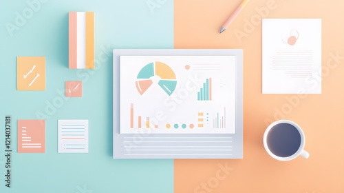 A flat lay of marketing research tools on a sleek desk, featuring printed demographic reports, a laptop showing consumer analytics, and colorful sticky notes with insights. A coffee cup sits nearby, photo