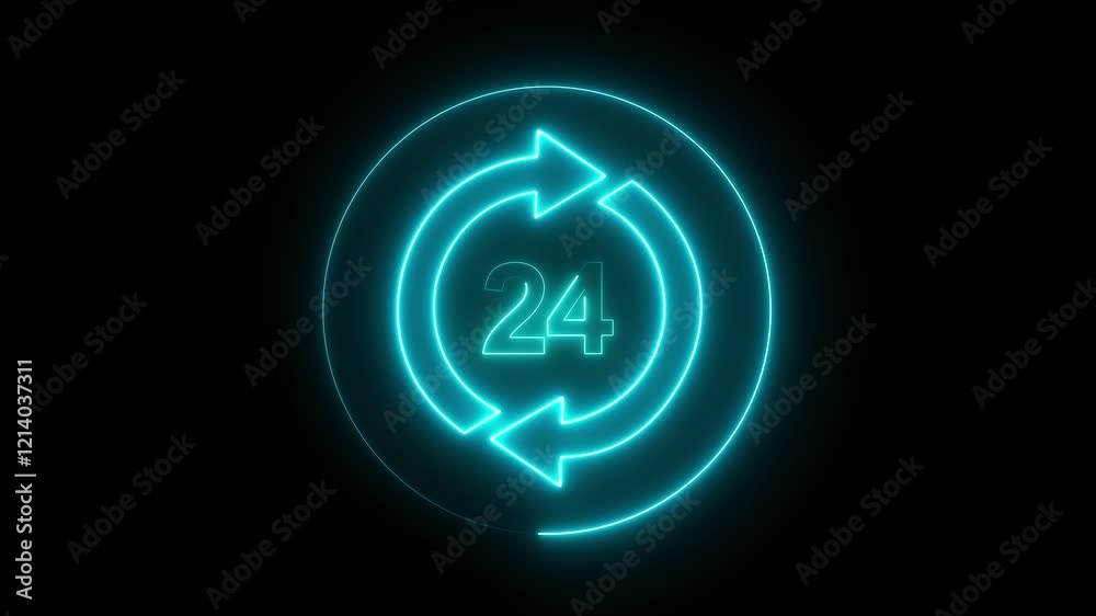 Clock Counting Down 24 Hour Day Fast Speed. Clock with moving arrows. Analog Watch Icon concept animation Neon sign of 24 hours shop 24 hours neon sign on brick wall background Clock Counting Down 24 Hour Day Fast Speed. Clock with moving arrows. Analog Watch Icon concept animation Neon sign of 24 hours shop 24 hours neon sign on brick wall background