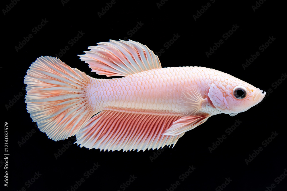 Fototapeta premium Close Up Pink White Plakat, Halfmoon betta fish, siamese fighting fish, capture moving of fish, betta splendens on dark black background