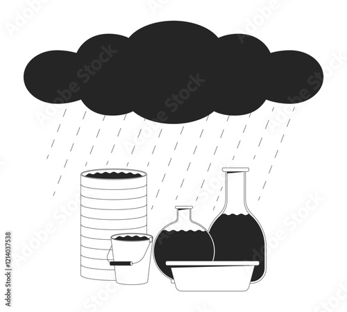 Rain falling from rainy cloud into various containers linear illustration. Rainwater harvesting in barrel, bucket, basin, flasks 2D line scene isolated on white. Monochrome vector outline image
