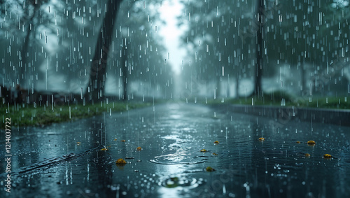 Heavy rain falling on paved road in city park
