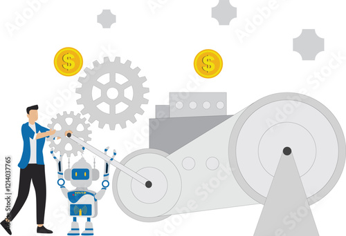 Complete job with AI artificial intelligence, AI prompt engineer or robot assistance, technology helping or support success work, businessman repairing gear with the help of an AI robot