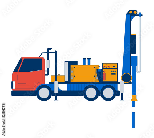 Mobile water well drilling rig with truck and machinery 2D cartoon object. Groundwater extraction. Industrial equipment isolated element flat vector clipart on white background. Spot illustration