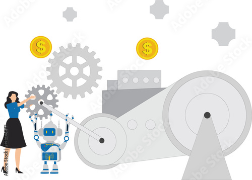 Complete job with AI artificial intelligence, AI prompt engineer or robot assistance, technology helping or support success work, businesswoman repairing gear with the help of an AI robot'