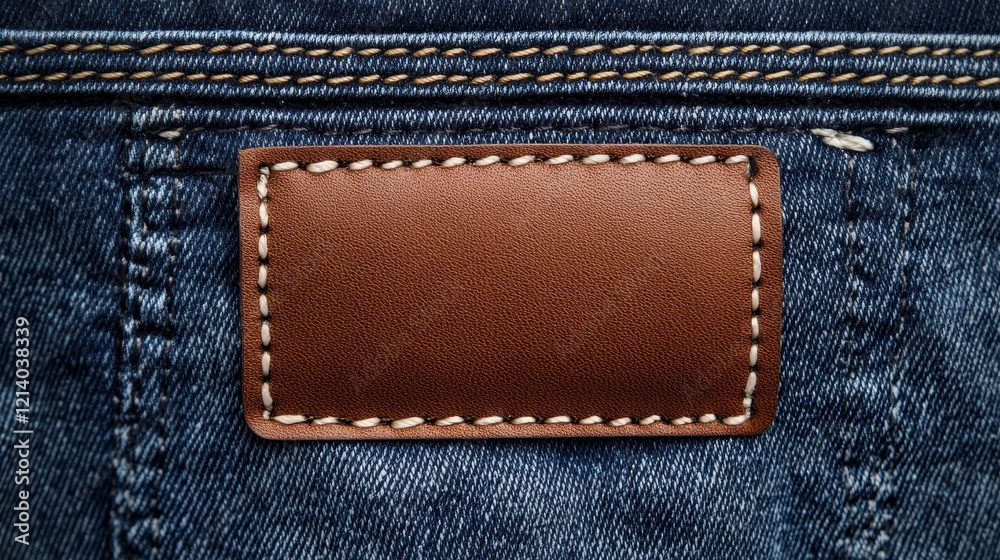 Close-up of Brown Leather Patch Sewn onto Denim Fabric. Close-up of Brown Leather Patch Sewn onto Denim Fabric.
